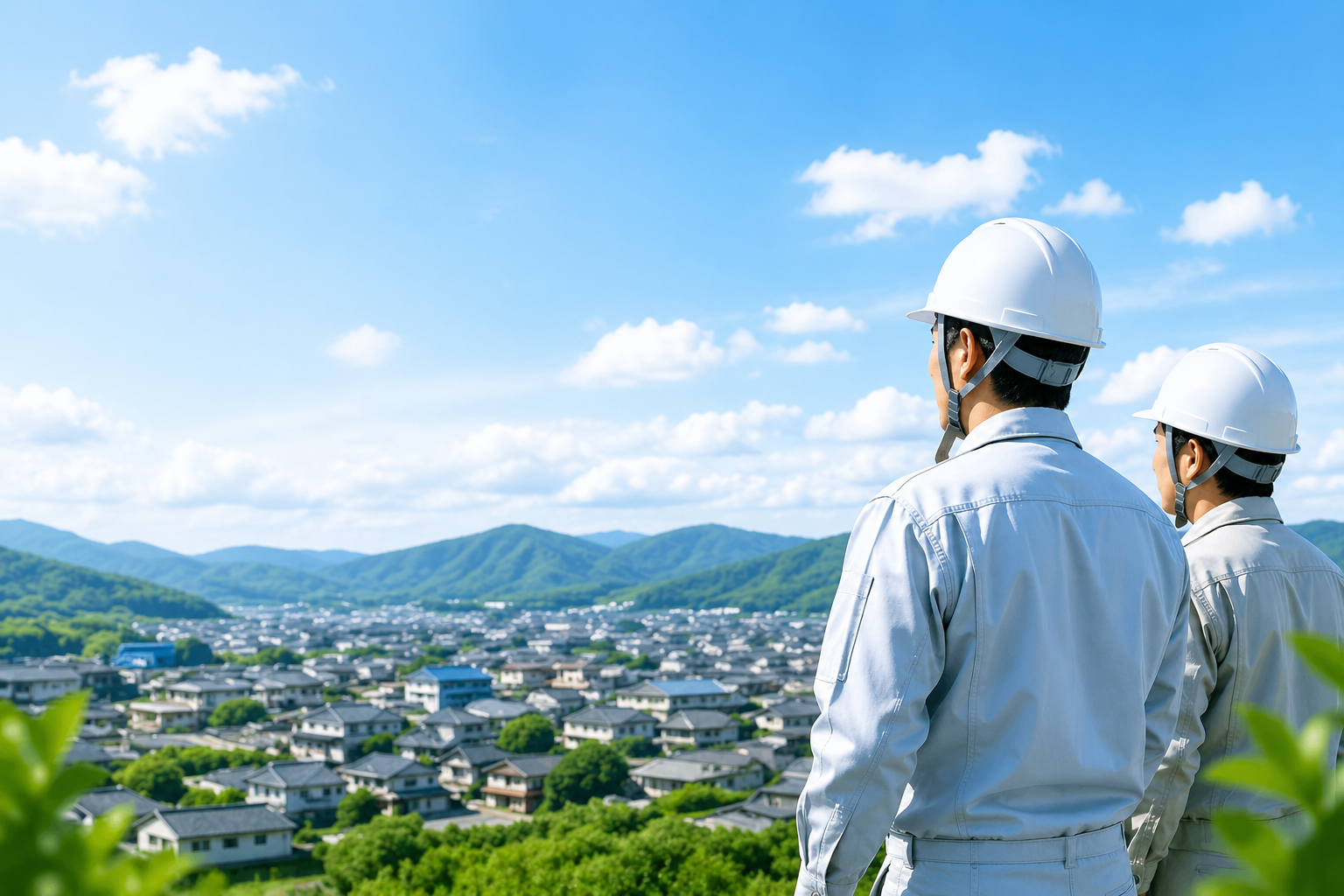 ヘルメット姿の作業員2名が町と山を見渡す風景